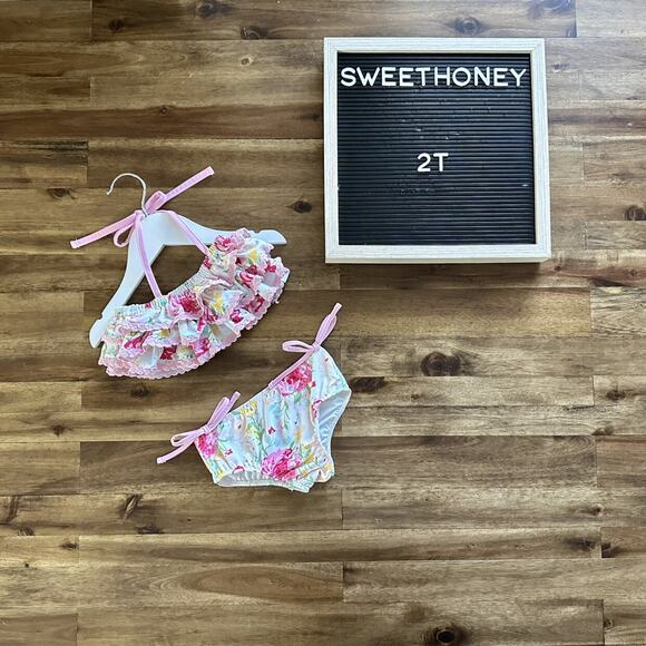 SweetHoney Milly Frilly Two Piece Swimsuit - Flower Girl Cream Pink Ruffle 2T - Picture 1 of 10